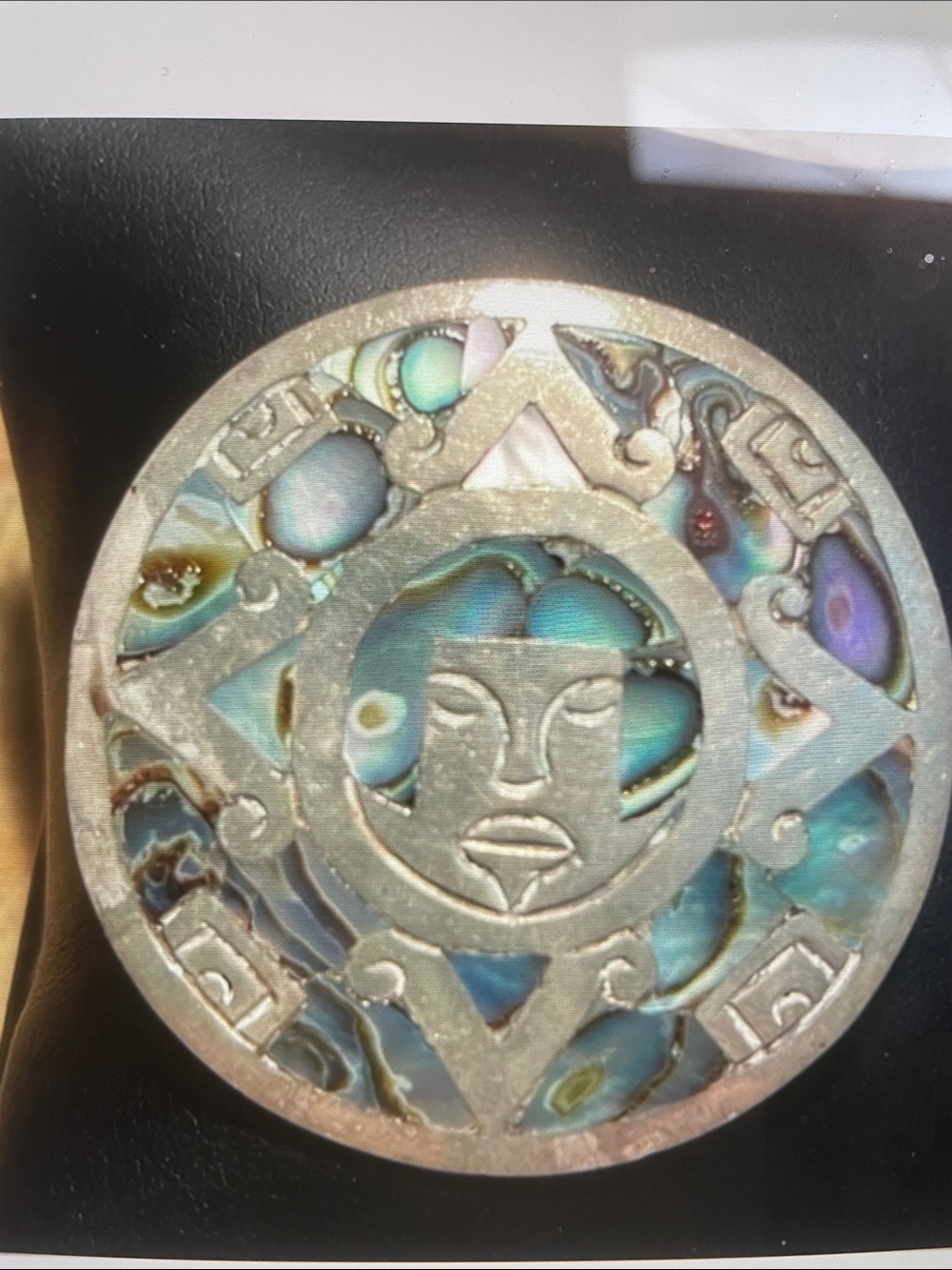 Abalone Inlay Silver Tone Aztec Medallion Pendant - Blue Green
